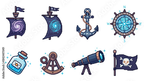 Nautical adventure icons in pixel art style with anchor and telescope