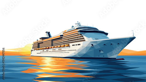 Geometric cruise ship at sunrise on tranquil sea