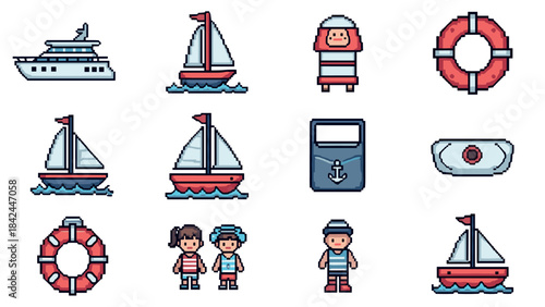 Charming nautical icons set featuring boats and sailors in retro pixel art style