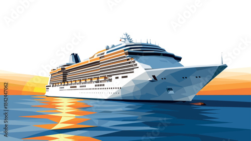 Geometric cruise ship at sunset reflecting on calm ocean waters