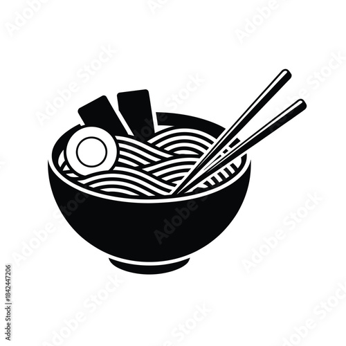A black and white illustration of a bowl of ramen with chopsticks