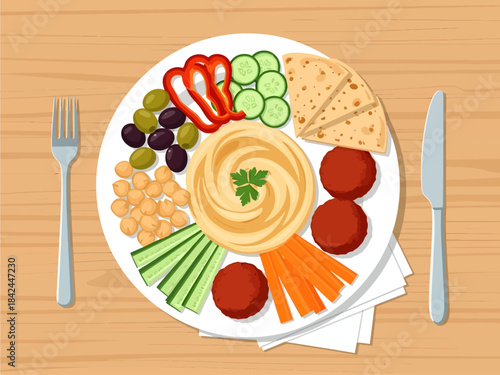 Centered around a creamy swirl of hummus, this vibrant illustration displays a Mediterranean platter filled with falafel, pita bread, olives, and fresh vegetables on a wooden table