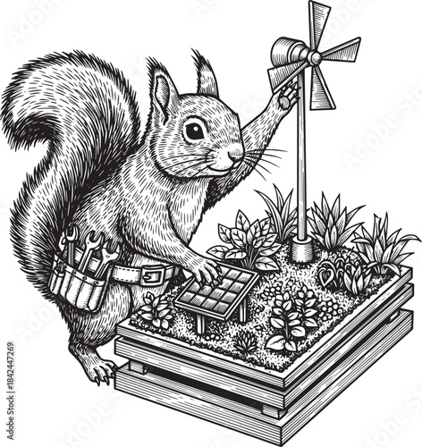 Engraved Squirrel Repairing Wind Turbine and Solar Panel on Gree