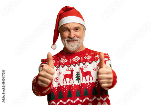 Merry satisfied smiling mature man wear knitted christmas sweater Santa hat posing showing thumb up like gesture wink isolated on transparent background Happy New Year 2026 celebration holiday concept