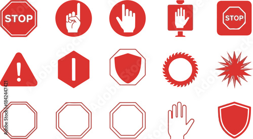 Assortment of Red Warning and Prohibition Symbols and Icons stop sign warning sign