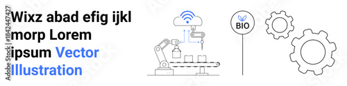Automation, biotechnology, sustainable industry, smart manufacturing, eco-friendly processes, robotics. Robotic arm assembling with bio label and gear icons. Automation and biotechnology concepts