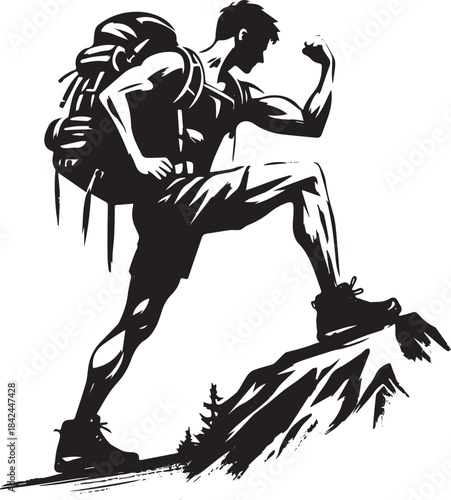 Monochrome illustration of a muscular hiker conquering a peak wi
