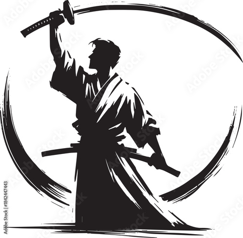 Samurai Warrior Silhouette with Katana Sword in Sumi-e Ink Brush