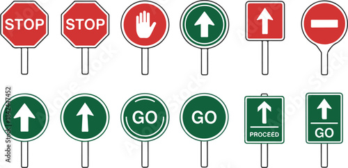 Assortment of traffic signs with stop go and directional arrows Keywords: stop sign, go sign, proceed sign, hand stop, directional arrow
