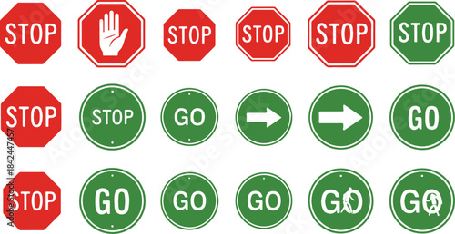 Assortment of Traffic Signs Including Stop Go Arrows and Hand Symbols stop sign go sign