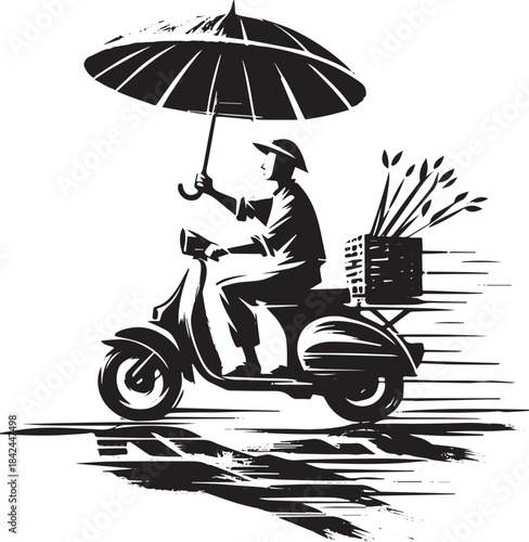Monochromatic Sumi-e depiction of a scooter rider balancing umbr