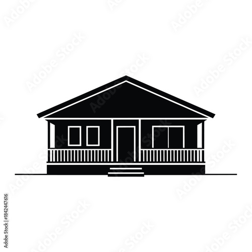 Simple black and white illustration of a small house with a porch