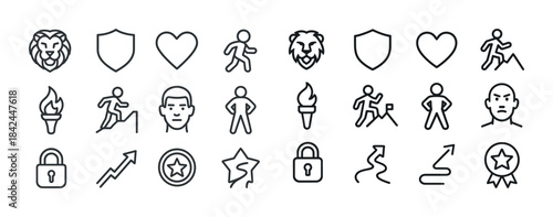 Icon set with lion, shield, heart, torch, lock, star for sports