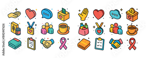 Colorful charity and community icons representing aid and suppor