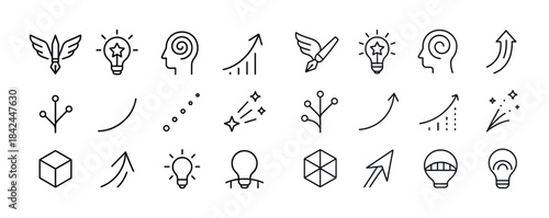 Minimalist line art icons: innovation, growth, creativity, light