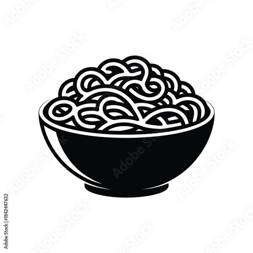 A simple black and white illustration of noodles in a rounded bowl