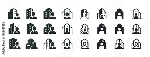 Diverse set of business and residential building icons with huma