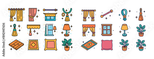 Colorful home decor elements: curtains, windows, and plants in p
