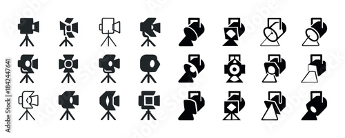 Set of 24 minimalist camera and light icons for creative project