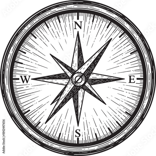 Engraved navigational compass rose illustration with detailed li