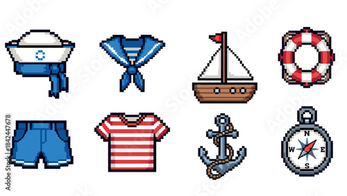 Nautical pixel art collection: sailor hat, anchor, boat, lifebuoy, compass