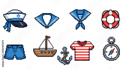 Pixel art nautical icons: sailor hat, ship, anchor, and more