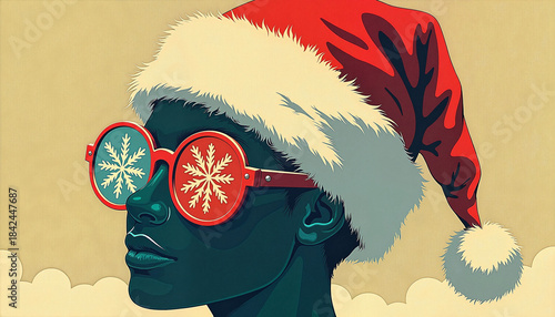 Stylized illustration of person with dark skin wearing Santa hat and festive snowflake glasses, evoking unique Christmas holiday style. Ideal for seasonal celebrations and winter themed content.