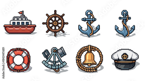 Pixel art nautical icons: ship, anchor, lifebuoy, helm, cap, marine symbols