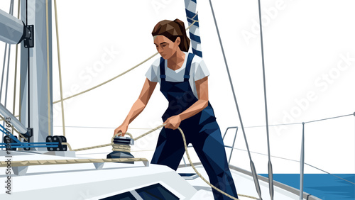 Woman in geometric art style sailing on yacht