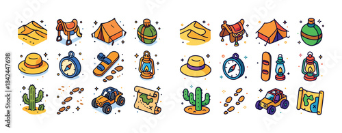 Colorful desert adventure icons: equipment, maps, cacti, and veh