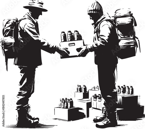 Minimalist illustration of charity food distribution to needy in