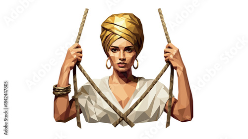 Geometric portrait of a woman with gold headwrap and rope accents