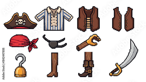 Retro pirate costume elements in pixel art style for game design