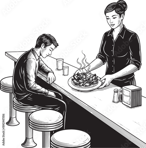Monochrome etching illustration of waiter serving mussels to a d