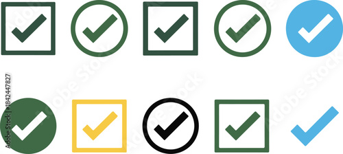 Collection of Ten Check Mark Icons in Various Shapes and Colors tick confirm