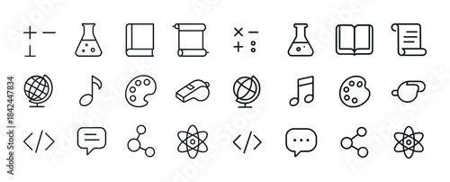 Collection of educational line icons representing science, art,
