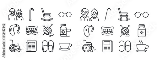 Elderly care icons set: seniors, health, mobility, accessories,