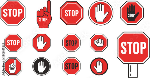 Collection of stop signs and hand gestures indicating stop on white background Keywords: stop sign, stop, hand, gesture, warning, traffic, symbol