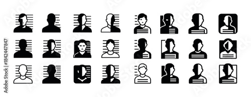 Silhouette mugshots set with diverse faces on lined background