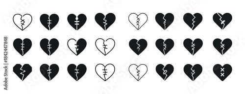 Heartbreak icons set: black and white broken heart designs colle