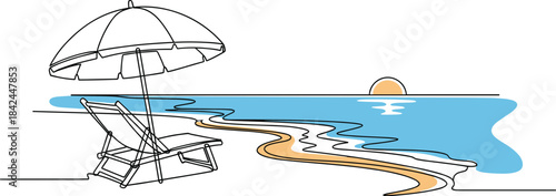 Creative One-Stroke Beach Relaxation Scene with Umbrella and Chair.