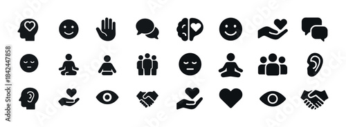 Diverse icon set: smiley faces, meditation, teamwork, and commun