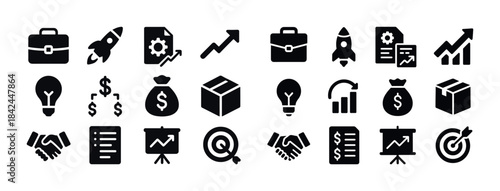 Business and finance icons set featuring briefcases, rockets, ch