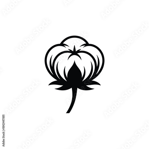 A simple black and white illustration of a cotton plant blossom