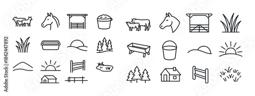 Farm icon set: animals, buildings, nature, fences, agriculture s
