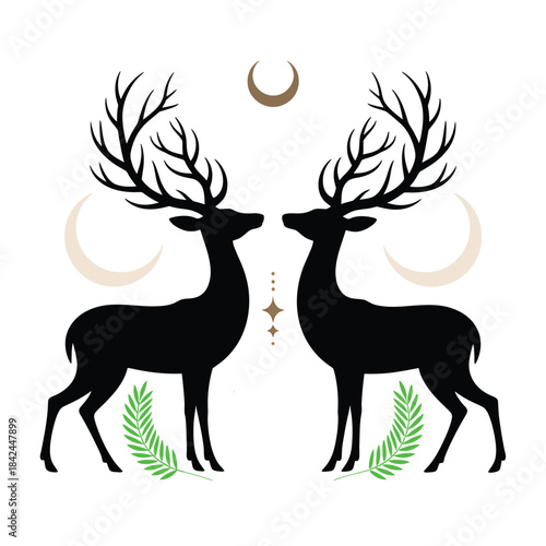 Two majestic deer facing each other under a crescent moon design