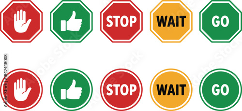 Collection of traffic signal icons with stop, wait, go and hand symbols thumb up
