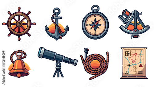 Retro nautical icons set: anchor, compass, telescope, and map in pixel art style