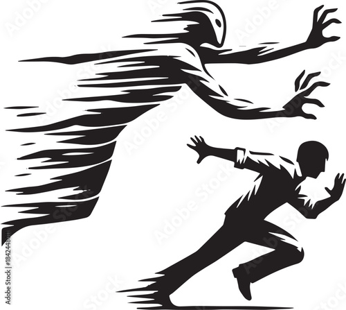 Silhouette of a man escaping from a dark figure, expressing urge