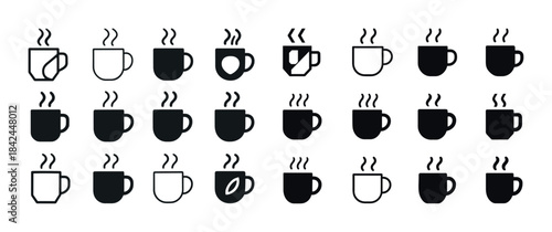 Collection of diverse coffee mug icons in black and white